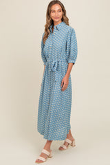 Blue Floral Embroidered Button Down Chambray Maxi Dress