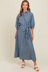 Navy Floral Embroidered Button Down Chambray Maxi Dress