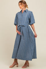 Navy Floral Embroidered Button Down Chambray Maternity Maxi Dress