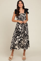 Black Floral Smocked Shoulder Tie Maternity Midi Dress