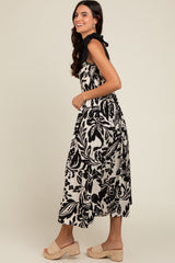 Black Floral Smocked Shoulder Tie Midi Dress