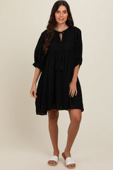 Black Floral Eyelet Puff Sleeve Dress