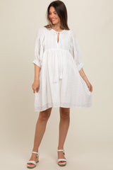 White Floral Eyelet Puff Sleeve Maternity Dress