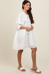 White Floral Eyelet Puff Sleeve Dress