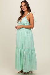 Mint Green Floral Eyelet Shoulder Tie Maternity Dress