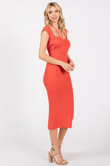 Orange Ribbed Cap Sleeve Midi Dress