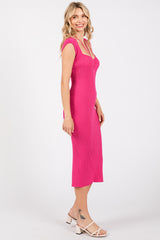 Fuchsia Ribbed Cap Sleeve Midi Dress