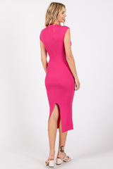 Fuchsia Ribbed Cap Sleeve Midi Dress