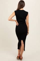 Black Ribbed Cap Sleeve Maternity Midi Dress