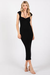 Black Ribbed Cap Sleeve Maternity Midi Dress