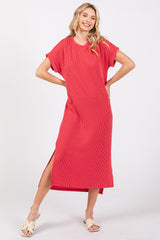 Red Ribbed Short Sleeve Midi Dress