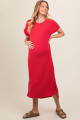 Red Ribbed Short Sleeve Maternity Midi Dress