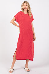 Red Ribbed Short Sleeve Maternity Midi Dress