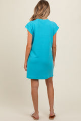 Aqua Front Pocket Line Textured Short Sleeve Maternity Dress