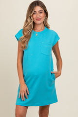 Aqua Front Pocket Line Textured Short Sleeve Maternity Dress