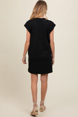 Black Front Pocket Line Textured Short Sleeve Maternity Dress