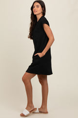 Black Front Pocket Line Textured Short Sleeve Dress