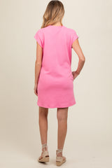 Pink Front Pocket Line Textured Short Sleeve Maternity Dress