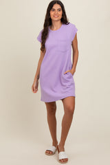 Lavender Front Pocket Line Textured Short Sleeve Maternity Dress