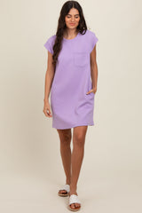 Lavender Front Pocket Line Textured Short Sleeve Dress