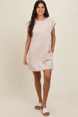 Taupe Front Pocket Line Textured Short Sleeve Maternity Dress