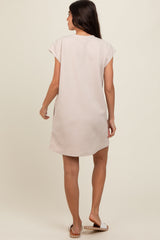 Taupe Front Pocket Line Textured Short Sleeve Dress