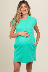 Mint Green Front Pocket Line Textured Short Sleeve Maternity Dress