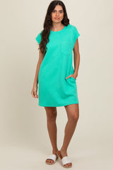 Mint Green Front Pocket Line Textured Short Sleeve Dress