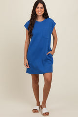 Royal Blue Front Pocket Line Textured Short Sleeve Maternity Dress