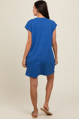 Royal Blue Front Pocket Line Textured Short Sleeve Dress