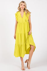 Lime Flutter Sleeve Tiered Maternity Midi Dress