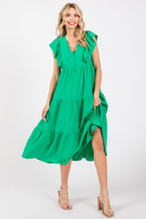 Green Flutter Sleeve Tiered Maternity Midi Dress