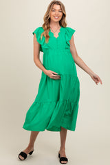 Green Flutter Sleeve Tiered Maternity Midi Dress