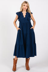 Navy Flutter Sleeve Tiered Maternity Midi Dress