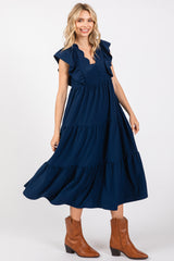 Navy Flutter Sleeve Tiered Midi Dress