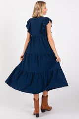 Navy Flutter Sleeve Tiered Midi Dress