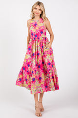 Pink Floral Sleeveless Smocked Back A-Line Midi Dress