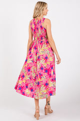 Pink Floral Sleeveless Smocked Back A-Line Midi Dress