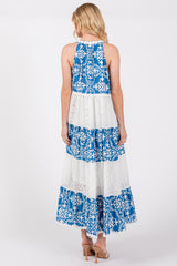 Blue Printed Eyelet Tiered V-Neckline Sleeveless Dress