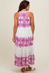 Magenta Printed Eyelet Tiered V-Neckline Sleeveless Maternity Dress