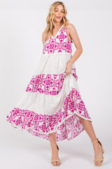 Magenta Printed Eyelet Tiered V-Neckline Sleeveless Dress