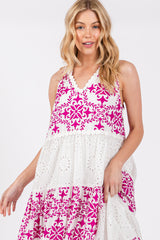 Magenta Printed Eyelet Tiered V-Neckline Sleeveless Dress