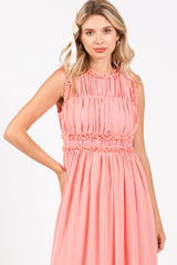 Coral Chiffon Ruched Lettuce Edge Ruffle Midi Dress