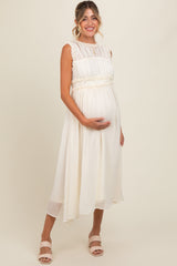 Cream Chiffon Ruched Lettuce Edge Ruffle Maternity Midi Dress