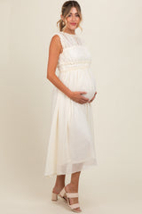 Cream Chiffon Ruched Lettuce Edge Ruffle Maternity Midi Dress