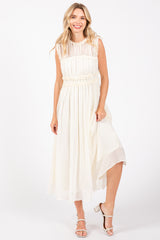 Cream Chiffon Ruched Lettuce Edge Ruffle Midi Dress