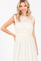 Cream Chiffon Ruched Lettuce Edge Ruffle Midi Dress