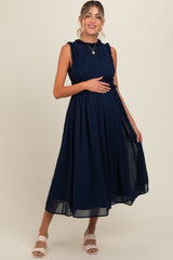 Navy Blue Chiffon Ruched Lettuce Edge Ruffle Maternity Midi Dress