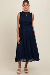 Navy Blue Chiffon Ruched Lettuce Edge Ruffle Maternity Midi Dress