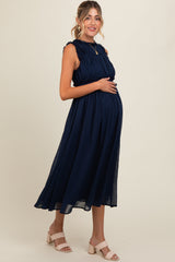 Navy Blue Chiffon Ruched Lettuce Edge Ruffle Maternity Midi Dress